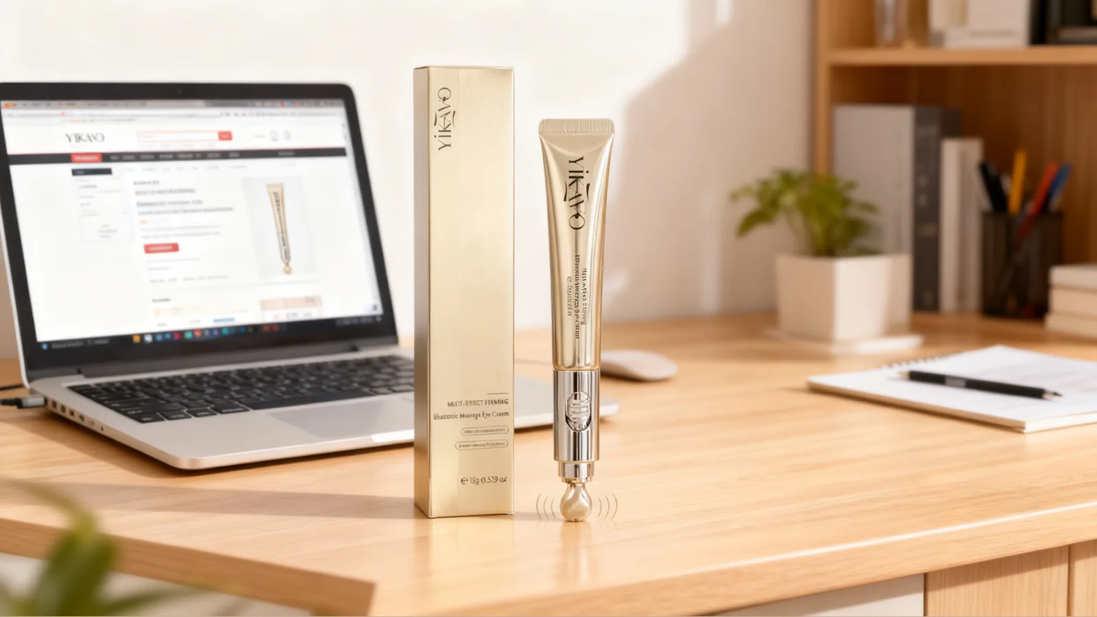 Yikavo electric eye cream product with box and applicator shown on a desk beside an open laptop.