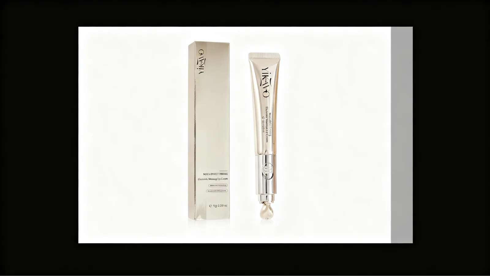 Beige Yikavo electric massage eye cream tube and matching box on a white background, shown as the product reference and generated hero.