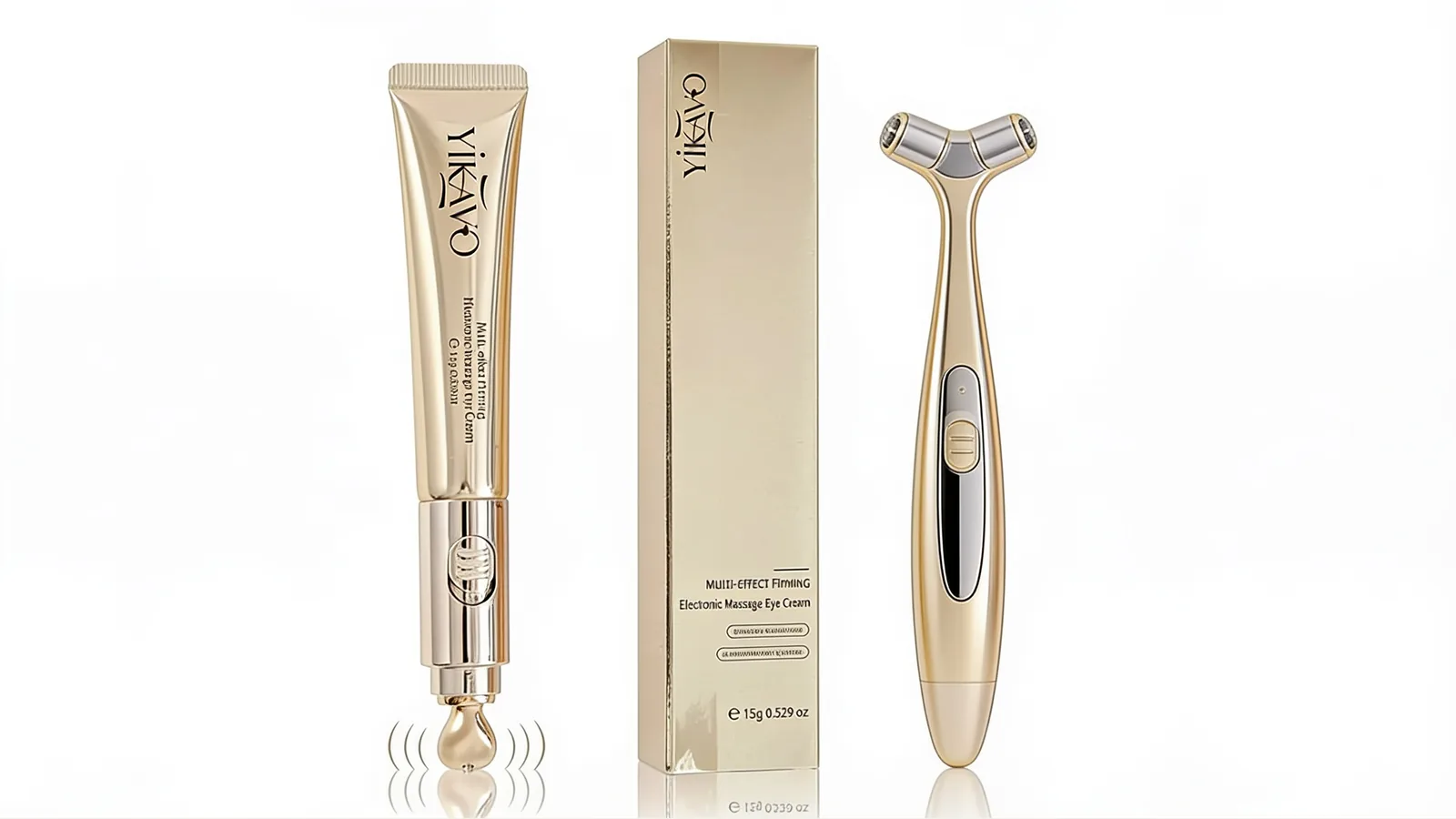 Side-by-side comparison of a Yikavo electric eye cream tube and a separate gold eye massager on a white background, with matching beige packaging and product box.