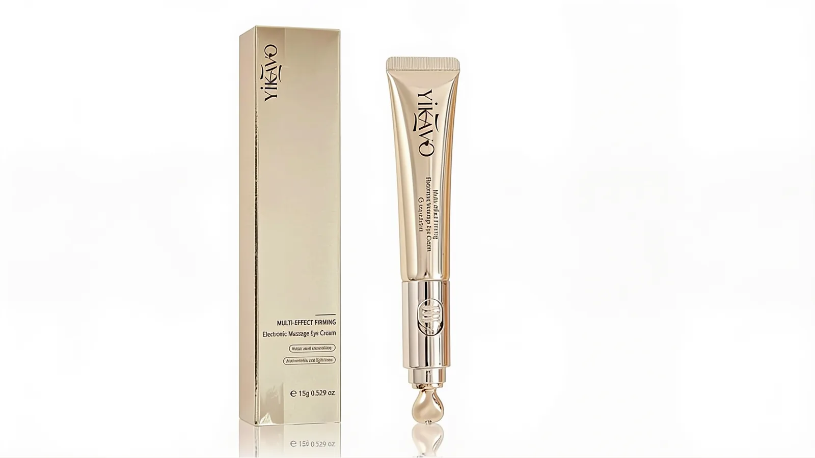 Beige Yikavo eye cream box and matching metallic eye cream tube with applicator, shown on a white background.