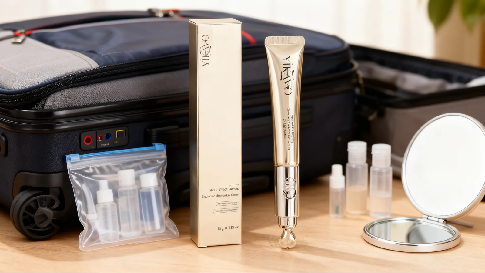 Gold Yikavo electronic massage eye cream tube and box beside travel toiletries and a suitcase on a wooden surface.