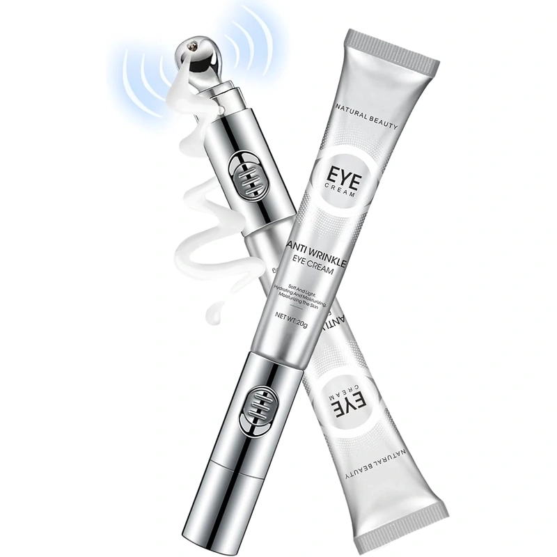 Silver eye cream tube with metal massage roller